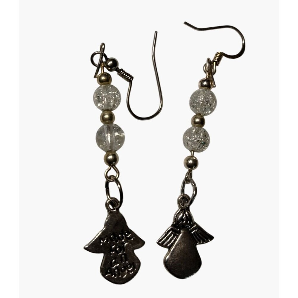 Silver Angel earrings Stamped Made for an Angel Shimmer Beads Drop Dangle